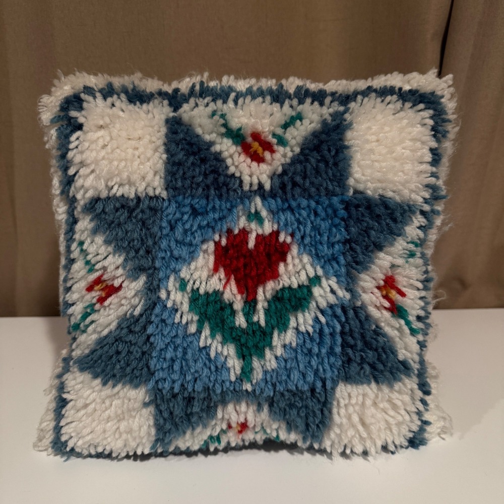 Vintage Latch Hook Shag Throw Pillow Blue White Floral Heart Star Folk Art